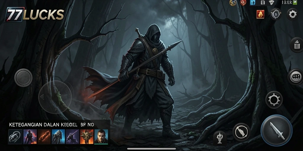 Screenshot utama <strong>77LUCKS</strong> menampilkan aksi menegangkan dalam suasana Horror.