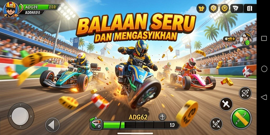 Screenshot utama ADG62 menampilkan aksi balapan yang mendebarkan.