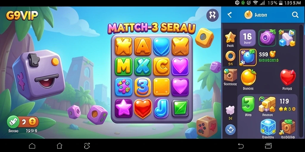 Screenshot utama gameplay G9VIP menampilkan kombinasi warna-warni di level Match-3.
