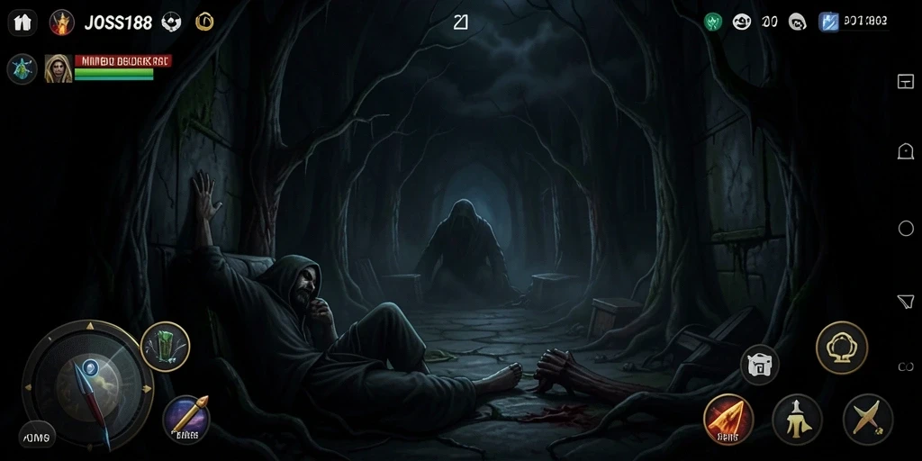 Screenshot menampilkan gameplay JOSS188 dengan suasana horor yang mengerikan.