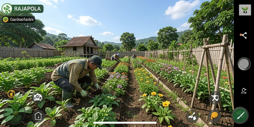 Tampilan gameplay RAJAPOLA yang menakjubkan dengan kebun yang rapi.