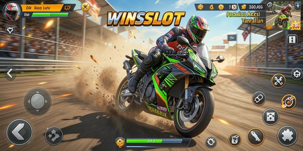 Tampilan gameplay mendebarkan di trek balapan motor WINSLOT.