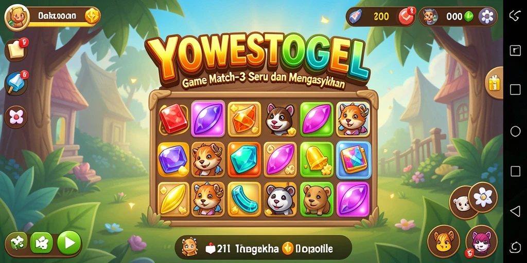 Gambar gameplay YOWESTOGEL yang penuh warna dan tantangan Match-3.